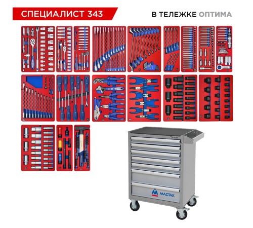 Набор инструментов 343 предмета, "СПЕЦИАЛИСТ 343", в серой тележке МАСТАК 52-07343G