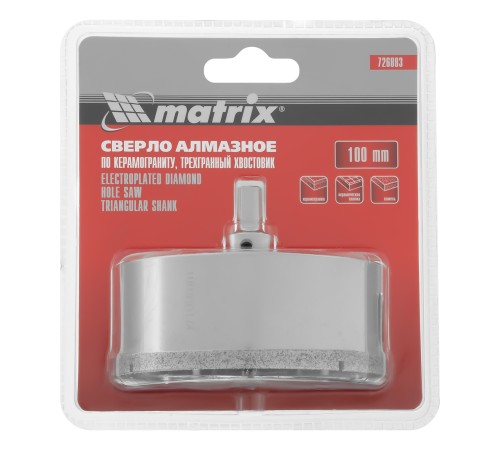 Сверло алмазное по керамограниту, 100 х 67 мм, трехгранный хвостовик Matrix