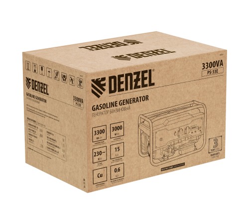 Генератор бензиновый PS-33E, 3.3 кВт, 230В, 15 л, электростартер Denzel Генератор бензиновый PS-33E, 3.3 кВт, 230В, 15 л, электростартер Denzel