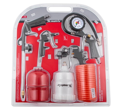 Набор пневмоинструмента, 5 предметов, быстросъемное соединение, краскораспылитель с верхним бачком Matrix Набор пневмоинструмента, 5 предметов, быстросъемное соединение, краскораспылитель с верхним бачком Matrix