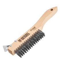 Щетка зачистная 4-х рядная, проволока из нержавеющей стали с деревянной ручкой скребок, EFP// Denzel