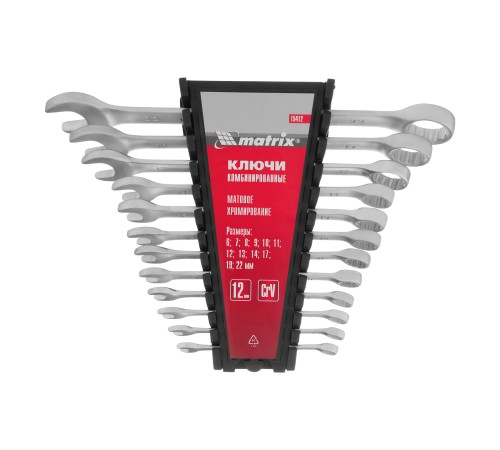 Набор ключей комбинированных, 6-22 мм, 12 шт, CrV, матовый хром Matrix
