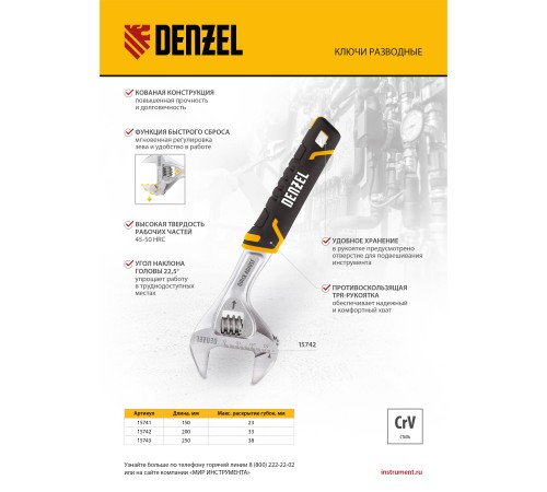 Ключ разводной, 150 мм (раскрытие до 23 мм), CrV, с быстрым сбросом, кованый, TPR рукоятка Denzel