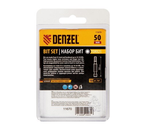 Бита TX 25х50, сталь S2, шестигранный профиль, 10 шт. Е 6,3 Denzel Бита TX 25х50, сталь S2, шестигранный профиль, 10 шт. Е 6,3 Denzel