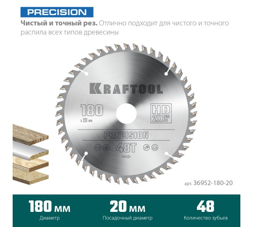 KRAFTOOL Precision, 180 х 20 мм, 48Т, пильный диск по дереву (36952-180-20) KRAFTOOL Precision, 180 х 20 мм, 48Т, пильный диск по дереву (36952-180-20)