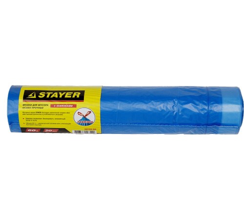 Stayer 60 л, 20 шт, синие, особопрочные, с завязками, мусорные мешки (39155-60) Stayer 60 л, 20 шт, синие, особопрочные, с завязками, мусорные мешки (39155-60)