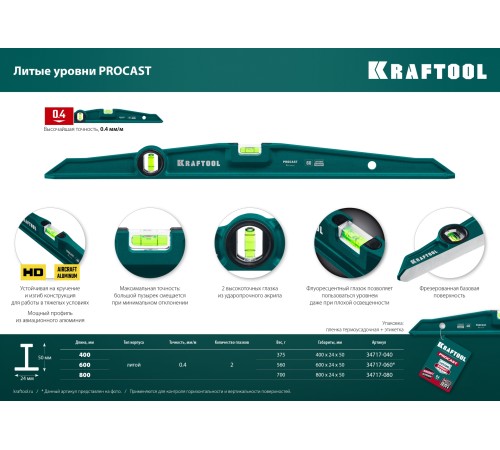 KRAFTOOL PROCAST 600 мм, литой уровень, фрезерованный, точность 0.5 мм/м, 34717-060