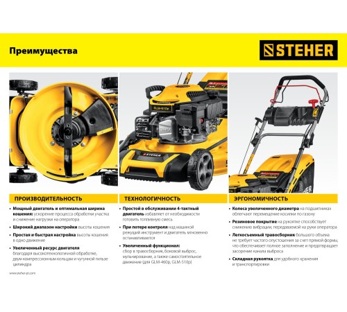 STEHER 2.2 кВт, 3.5 л.с., 410 мм, газонокосилка бензиновая GLM-410 STEHER 2.2 кВт, 3.5 л.с., 410 мм, газонокосилка бензиновая GLM-410