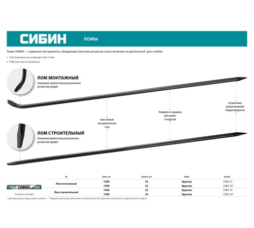 СИБИН 1300 мм, диаметр 25 мм, круглый, лом строительный 2182-13 СИБИН 1300 мм, диаметр 25 мм, круглый, лом строительный 2182-13