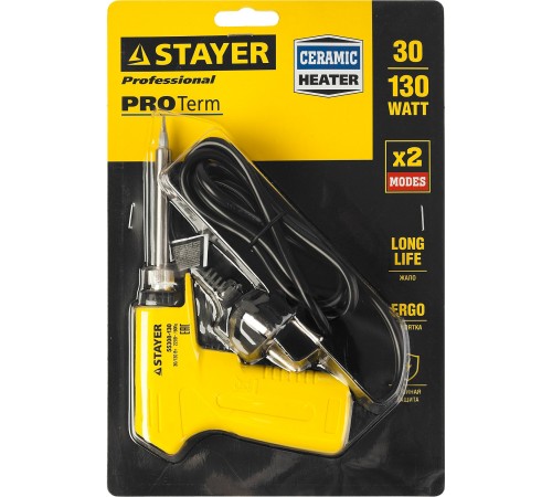 STAYER 30/130 Вт, двухкомпонентная рукоятка, электропаяльник Proterm 55308-130 Professional STAYER 30/130 Вт, двухкомпонентная рукоятка, электропаяльник Proterm 55308-130 Professional