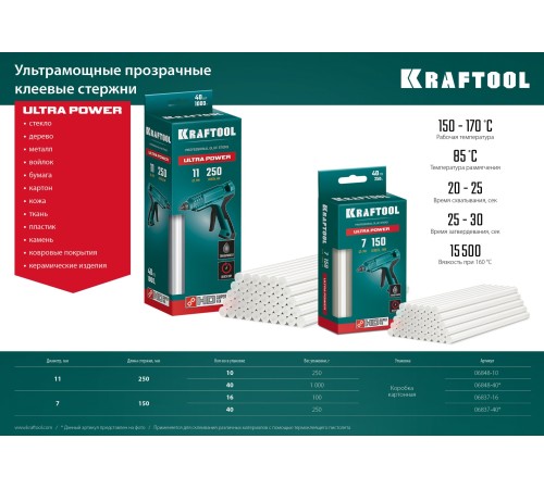 KRAFTOOL Ultra Power, 11 х 250 мм, 10 шт, ультрамощные, прозрачные, клеевые стержни (06848-10) KRAFTOOL Ultra Power, 11 х 250 мм, 10 шт, ультрамощные, прозрачные, клеевые стержни (06848-10)