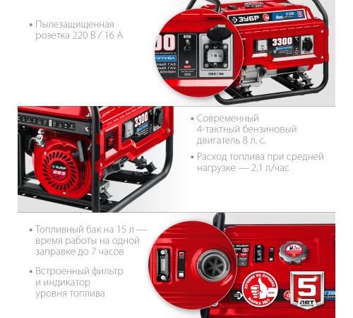 ЗУБР 3.3 кВт, однофазный, синхронный, щеточный, (бензин/газ), генератор гибридный СГ-3300 Мастер