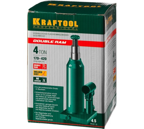 KRAFTOOL 4 т, 170-420 мм, домкрат гидравлический бутылочный сварной телескопический Double Ram 43463-4 Professional KRAFTOOL 4 т, 170-420 мм, домкрат гидравлический бутылочный сварной телескопический Double Ram 43463-4 Professional