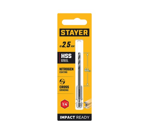 STAYER НЕХ-1/4″, d 2.5 х 79 мм, сверло по металлу для винтовёртов и шуруповертов IMPACT READY (29603-2.5) STAYER НЕХ-1/4″, d 2.5 х 79 мм, сверло по металлу для винтовёртов и шуруповертов IMPACT READY (29603-2.5)