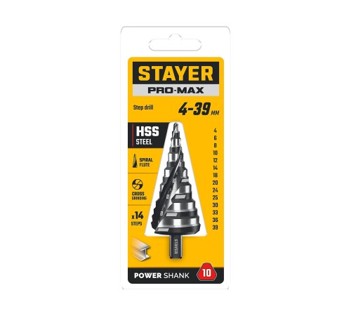 STAYER Pro-Max 4-39мм, 14 ступеней, винтовая спираль, сверло ступенчатое (29661-4-39-14) STAYER Pro-Max 4-39мм, 14 ступеней, винтовая спираль, сверло ступенчатое (29661-4-39-14)