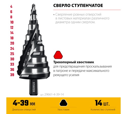 STAYER Pro-Max 4-39мм, 14 ступеней, винтовая спираль, сверло ступенчатое (29661-4-39-14) STAYER Pro-Max 4-39мм, 14 ступеней, винтовая спираль, сверло ступенчатое (29661-4-39-14)