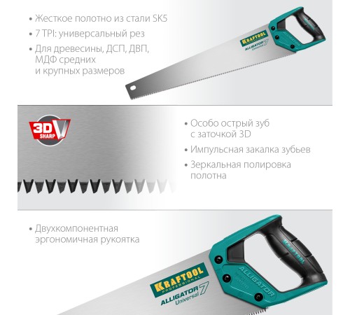 KRAFTOOL 7 TPI, 550 мм, ножовка универсальная Alligator Universal 7 15004-55 KRAFTOOL 7 TPI, 550 мм, ножовка универсальная Alligator Universal 7 15004-55