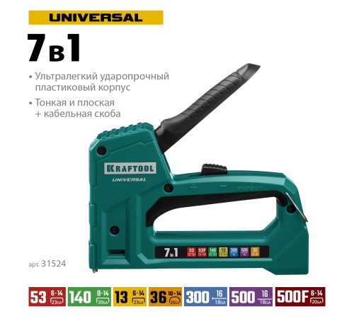 KRAFTOOL Universal, 7-в-1: 53 (A/10/JT21) 23GA (6 - 14 мм)/140 (G/11/57) 20GA (8 - 14 мм)/13/53F/36/500, универсальный легкий степлер (31524) KRAFTOOL Universal, 7-в-1: 53 (A/10/JT21) 23GA (6 - 14 мм)/140 (G/11/57) 20GA (8 - 14 мм)/13/53F/36/500, универсальный легкий степлер (31524)