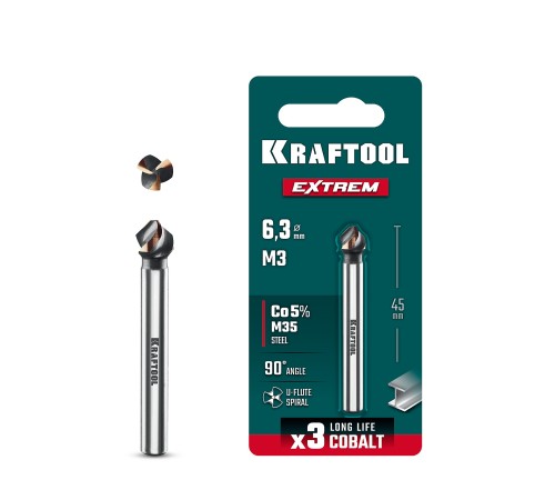 KRAFTOOL EXTREME Со5-А, d 6.3 x 45 мм, сталь M35, U-образная спираль, для раззенковки М3, Конусный зенкер (29734-3)