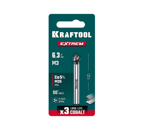 KRAFTOOL EXTREME Со5-А, d 6.3 x 45 мм, сталь M35, U-образная спираль, для раззенковки М3, Конусный зенкер (29734-3)