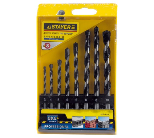 STAYER ProHammer, 8 шт: d 3-4-5-6-6-8-8-10 мм, набор сверл по бетону, Professional (2915-H8)