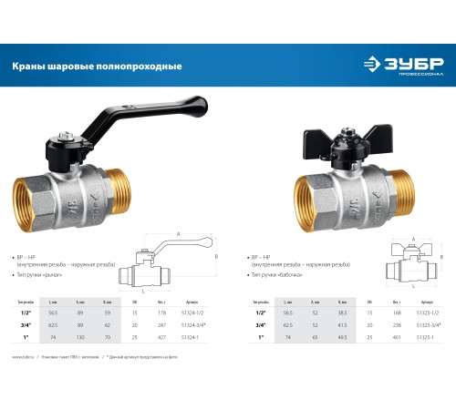 ЗУБР d 1″, ручка-рычаг, шаровой кран (51324-1)