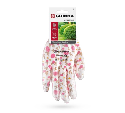 GRINDA COMFORT, L (9), садовые перчатки с прозрачным полиуретановым покрытием, розовые, 13 класс (11291-L)
