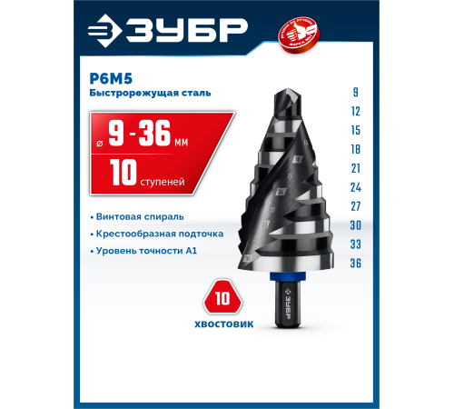 ЗУБР BLACK FORCE 9-36мм, 10 ступеней, винтовая проточка, сверло ступенчатое, ПРОФЕССИОНАЛ (29671-9-36-10)