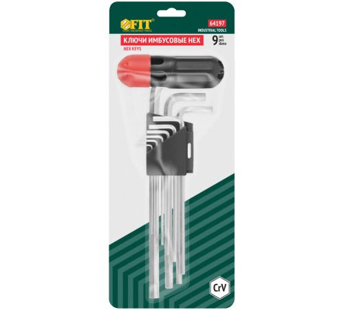 Ключи шестигранные HEX длинные CrV  9 шт.( 1,5-10 мм ), пластиковая Т-обр.ручка FIT IT Ключи шестигранные HEX длинные CrV  9 шт.( 1,5-10 мм ), пластиковая Т-обр.ручка FIT IT