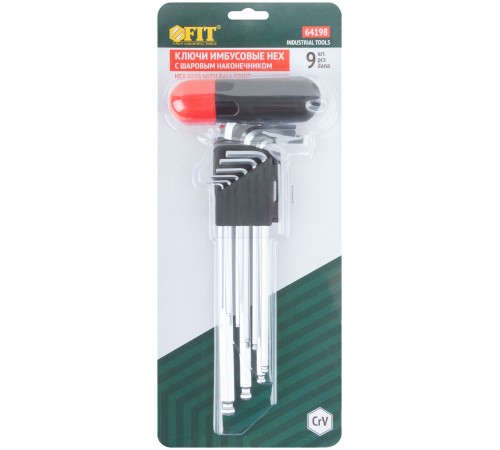 Ключи шестигранные HEX длинные c шаром CrV  9 шт.(1,5-10 мм ), пластиковая Т-обр.ручка FIT IT Ключи шестигранные HEX длинные c шаром CrV  9 шт.(1,5-10 мм ), пластиковая Т-обр.ручка FIT IT