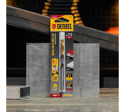 Сверло спиральное по металлу 7,5 x 109мм, Р6М5, Golden Tip, многогранная заточка Denzel