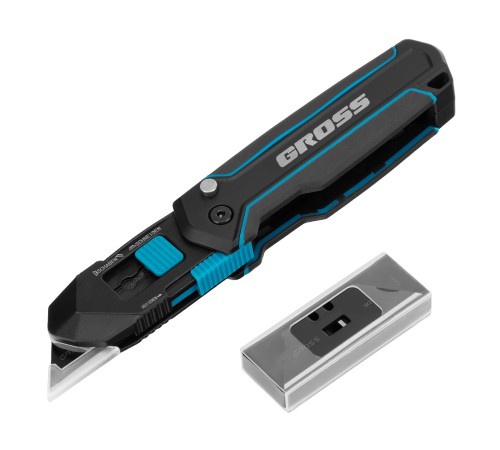 Нож-скребок складной, 19мм, сменное лезвие, SK2, 5 запас. лезвий, алюмин. корпус, клипса GROSS