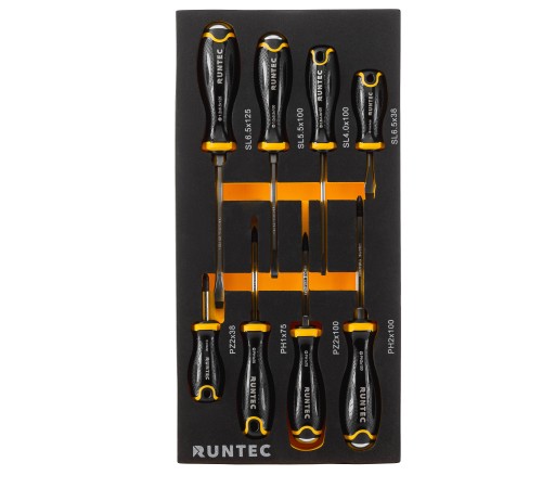RUNTEC RT-SDE8S Набор усиленных и стандартных отверток RUNTEC CrV, S2 в ложементе EVA, 8 предметов RUNTEC RT-SDE8S Набор усиленных и стандартных отверток RUNTEC CrV, S2 в ложементе EVA, 8 предметов