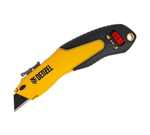 Нож, 19мм, сменное трапециевидное  лезвие, SK4, алюминиевый корпус, торцевой зажим Denzel