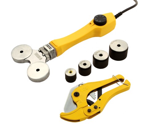 Аппарат для сварки пластиковых труб DWP-750, 750 Вт, 0-300 град, 4 насадки, 20-40 мм Denzel