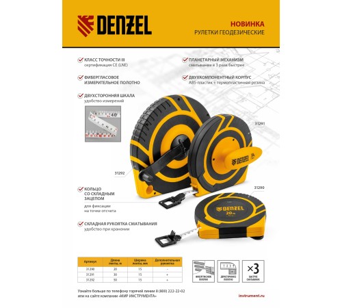 Рулетка геодезическая 30 м х 15 мм, закрытый корпус, фиберглассовая лента Denzel Рулетка геодезическая 30 м х 15 мм, закрытый корпус, фиберглассовая лента Denzel