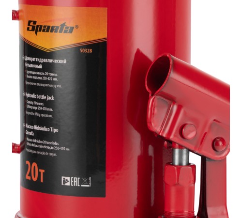 Домкрат гидравлический бутылочный, 20 т, h подъема 250-470 мм Sparta Домкрат гидравлический бутылочный, 20 т, h подъема 250-470 мм Sparta