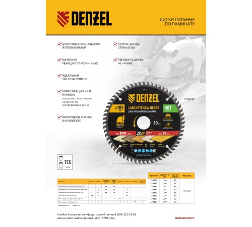 Пильный диск по ламинату ф300 х 30 мм, 80 зубьев Denzel