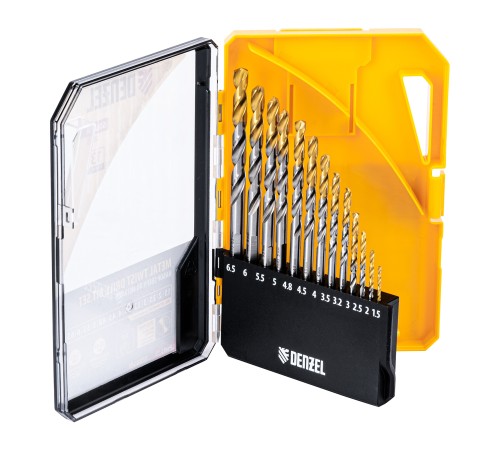 Набор сверл по металлу, 1,5-6,5мм, Р6М5-TiN, Golden Tip, 13 шт Denzel