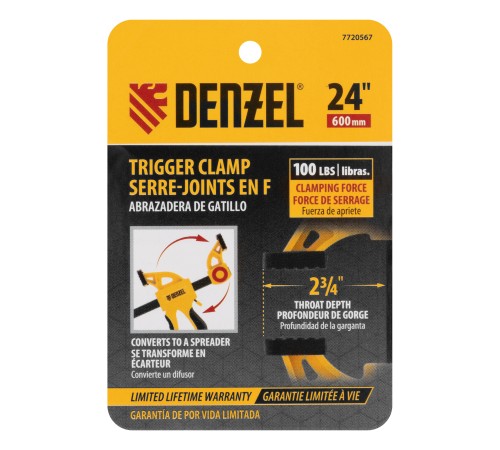 Струбцина F-образная, быстрозаж., 24"x2 3/4", 600х70мм, пласт.корпус,фиксатор,двухк. рук-ка Denzel