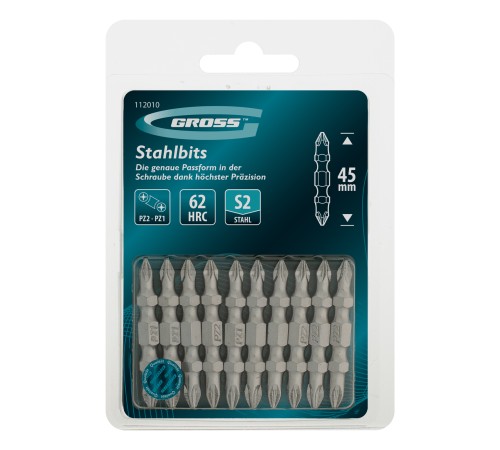Бита двухстор., PZ2-PZ1х45мм, сталь S2, 10шт. Gross