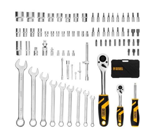 Набор инструментов, 1/2", 1/4", CrV, S2, пластиковый кейс, 82 предмета Denzel