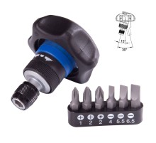 Трещотка компактная 1/4", 48 зубцов, дисковый механизм, для вставок (бит), в комплекте 6 вставок (бит) KING TONY P2746