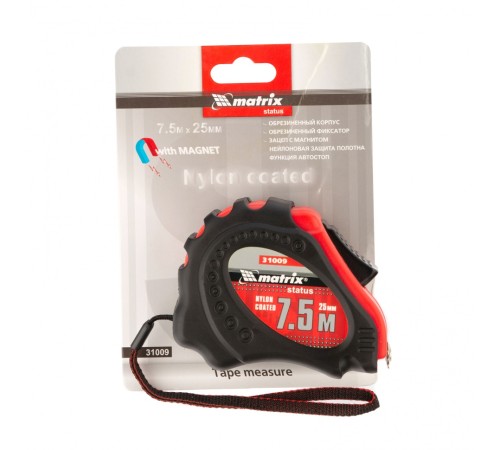 Рулетка Status autostop Magnet+,7,5 м х 25 мм,обрезиненная,Нейлоновое покрытие Matrix Рулетка Status autostop Magnet+,7,5 м х 25 мм,обрезиненная,Нейлоновое покрытие Matrix