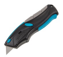 Нож ремонтно-монтажный, трехкомпонентная рукоятка, автовыброс, возврат лезвия, пистолетного типа, 170 мм, 5 запасных лезвий Gross