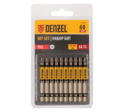 Бита PH2х60, сталь S2, цилиндр., 10 шт. Е 6,3 Denzel Бита PH2х60, сталь S2, цилиндр., 10 шт. Е 6,3 Denzel