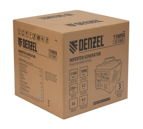 Генератор инверторный GS-1100iF, 1,1 кВт, 230 В, ручной старт DENZEL