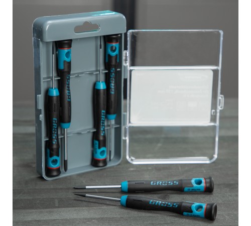 Набор отверток для точной механики, CrMo, двухкомпонентные рукоятки, 6 шт, пластиковый бокс Gross