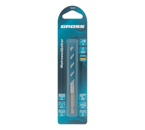 Сверло универсальное, Multipurpose PRO, 6-гр. хвостовик, 10мм Gross Сверло универсальное, Multipurpose PRO, 6-гр. хвостовик, 10мм Gross