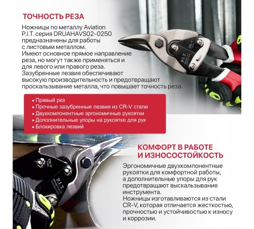 Ножницы по металлу Aviation правый рез P.I.T. DRUA HAVS01-0250